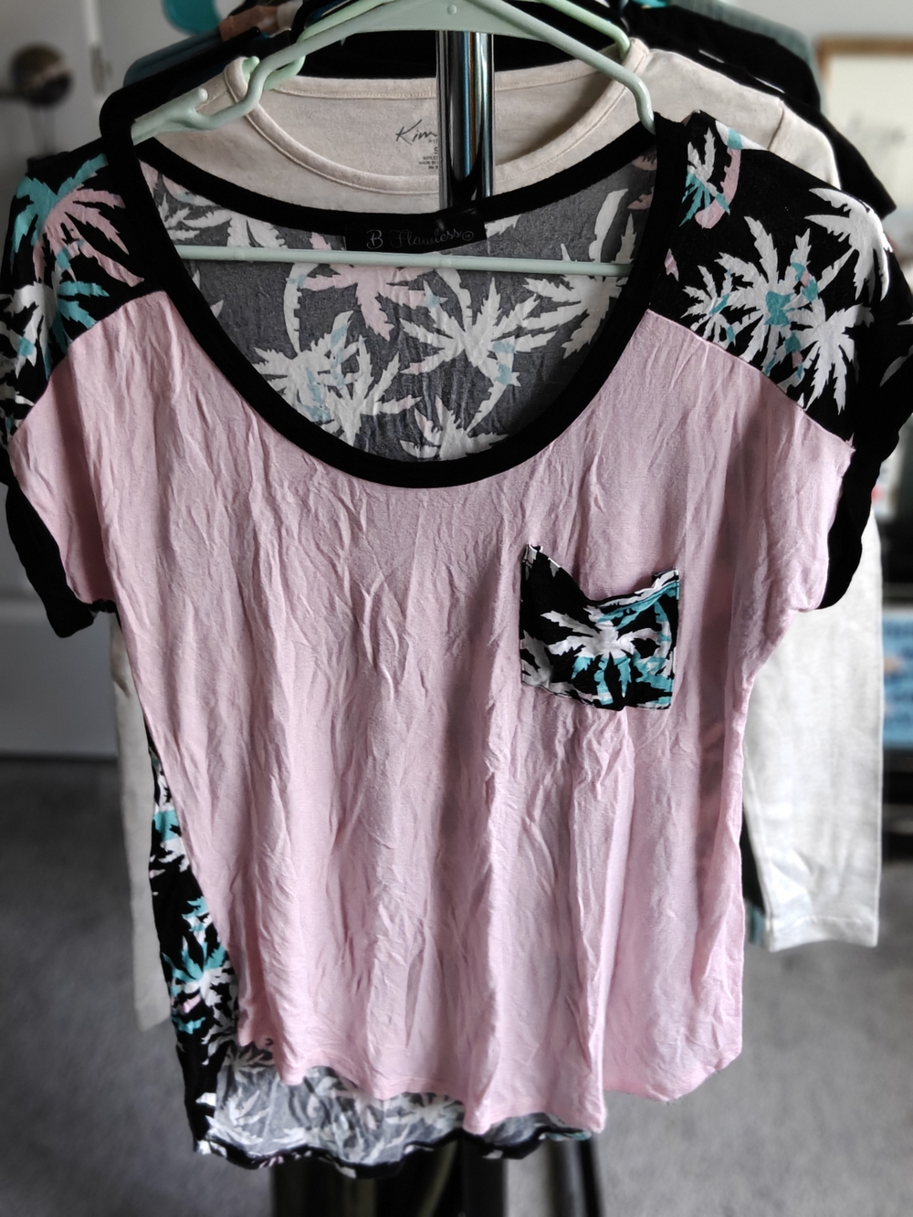B FLAWLESS Pink Tee with Black & Teal Palm-Print Accents
